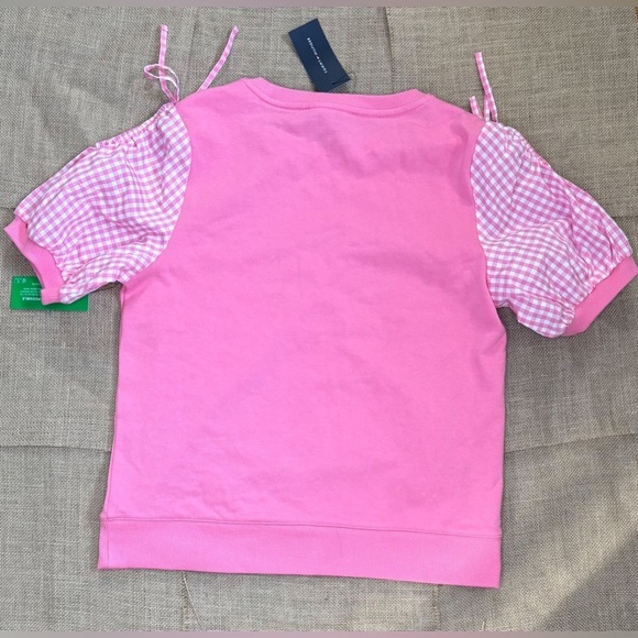 New Tommy Hilfiger Pink Gingham Sleeve Cold Shoulder Sweatshirt Shirt Medium - Picture 2 of 6